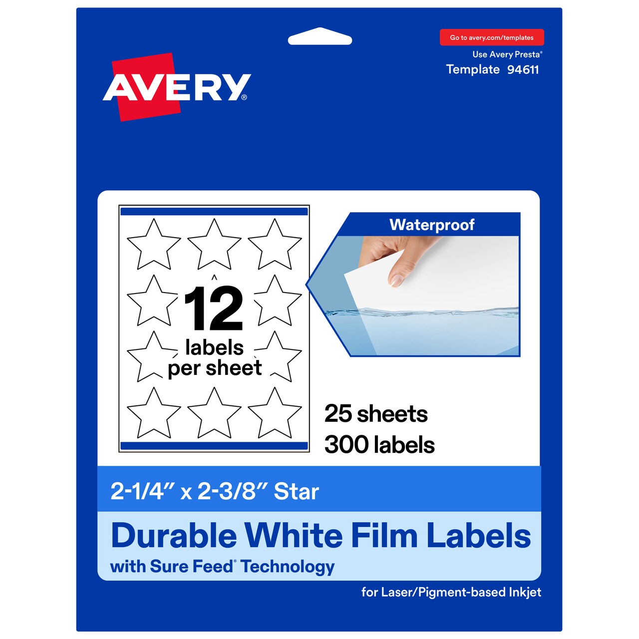 Avery Durable Waterproof Star Labels with Sure Feed, 2-1/4" x 2-3/8"